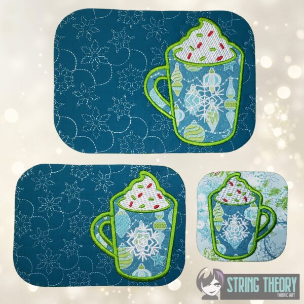 Hot Cocoa Mug Rug  ITH in the hoop Digital Download for Machine Embroidery Pattern, Design (4x4, 5×7, 6×10 Hoop)