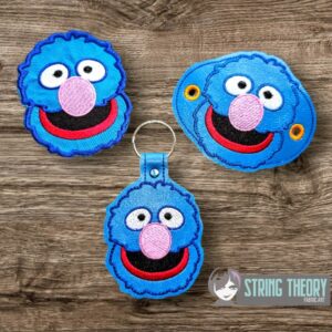 Sesame Street Grover ITH bun cover patch fob machine embroidery design