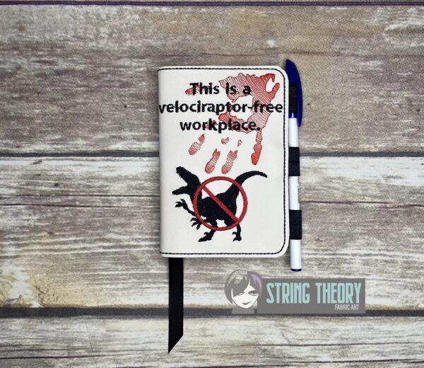 This is a Velociraptor Free Workplace Notebook Cover ITH in the hoop Digital Download for Machine Embroidery Pattern, Design (5×7, 6×10 Hoop) - Image 4