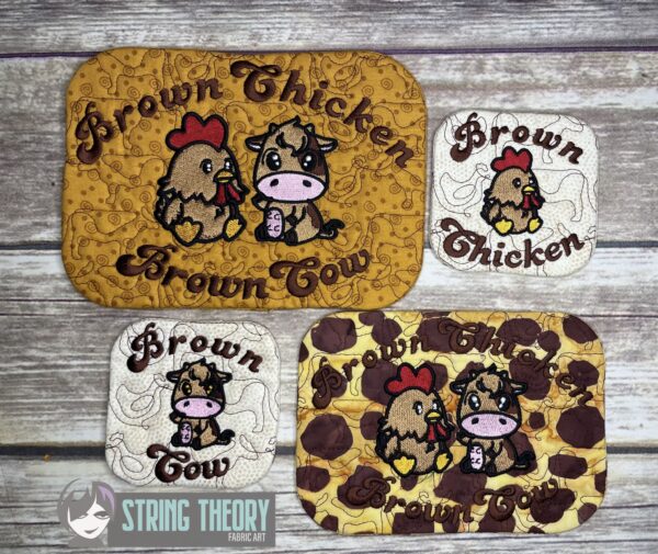 Brown Chicken, Brown Cow Mug Rug ITH in the hoop Digital Download for Machine Embroidery Pattern, Design (4x4, 5×7, 6×10 Hoop)