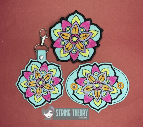 Mehndi Flower 5 fob, patch, bun cover ITH in the hoop Digital Download for Machine Embroidery Pattern, Design (4x4 Hoop)