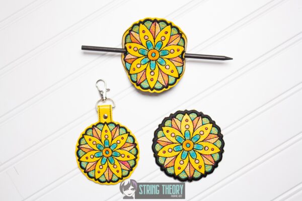 Mehndi Flower 6 fob, patch, bun cover ITH in the hoop Digital Download for Machine Embroidery Pattern, Design (4x4 Hoop)