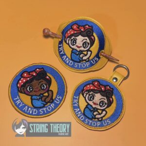 Try and Stop Us - Chibi Rosie the Riveter fob, patch, bun cover ITH in the hoop Digital Download for Machine Embroidery Pattern, Design (4x4 Hoop)