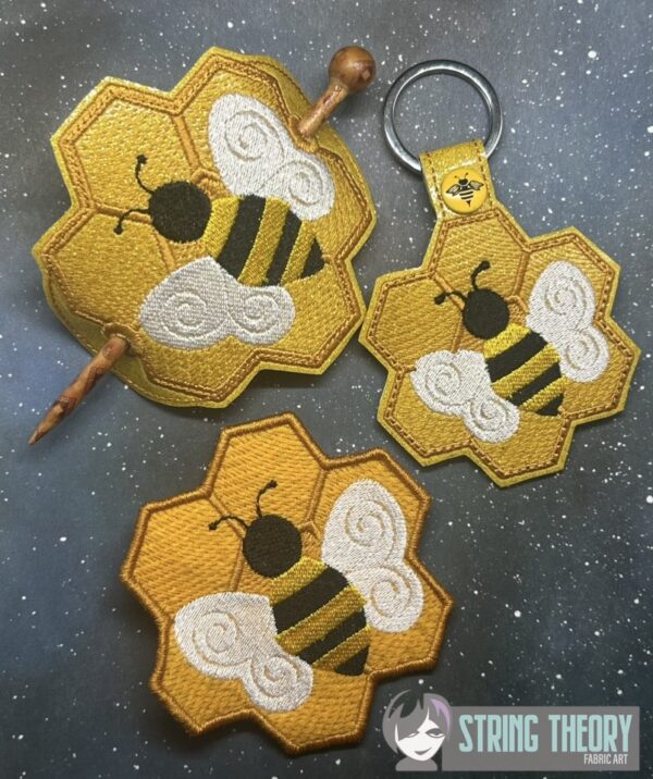 Bee & Honeycomb fob, patch, bun cover ITH in the hoop Digital Download for Machine Embroidery Pattern, Design (4x4 Hoop)