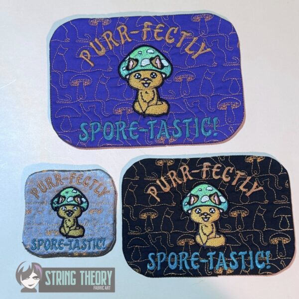 Chibi Mushcat – PURR-FECTLY Spore-Tastic Mug Rug  ITH in the hoop Digital Download for Machine Embroidery Pattern, Design (4x4, 5×7, 6×10 Hoop)