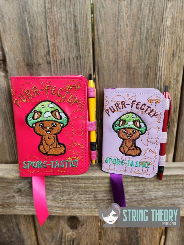 Chibi Mushcat – PURR-FECTLY Spore-Tastic Notebook Cover ITH in the hoop Digital Download for Machine Embroidery Pattern, Design (5×7, 6×10 Hoop)