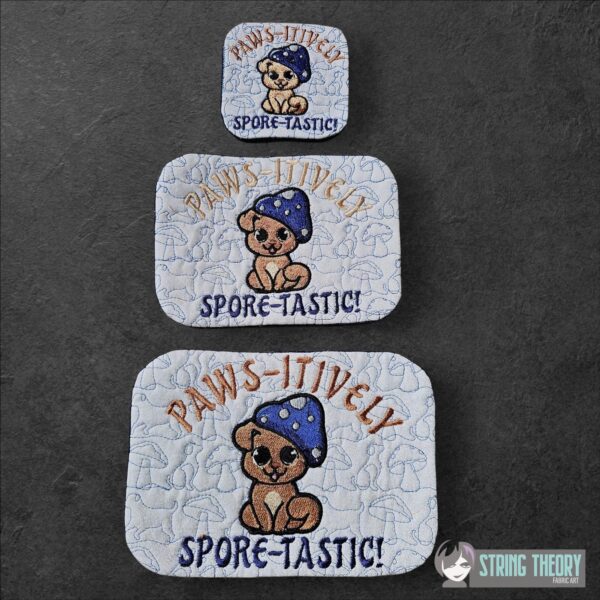 Chibi Mushpuppy – PAWS-ITIVELY Spore-Tastic Mug Rug  ITH in the hoop Digital Download for Machine Embroidery Pattern, Design (4x4, 5×7, 6×10 Hoop)