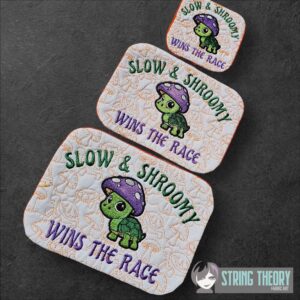 Chibi Mushturtle – Slow & Shroomy Wins the Race Mug Rug  ITH in the hoop Digital Download for Machine Embroidery Pattern, Design (4x4, 5×7, 6×10 Hoop)