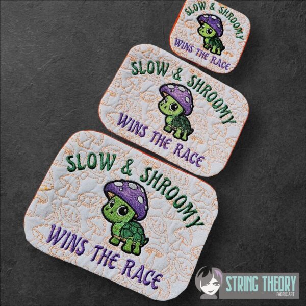 Chibi Mushturtle – Slow & Shroomy Wins the Race Mug Rug  ITH in the hoop Digital Download for Machine Embroidery Pattern, Design (4x4, 5×7, 6×10 Hoop)