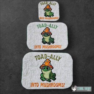 Chibi Mushtoad – TOAD-ALLY Into Mushrooms Mug Rug  ITH in the hoop Digital Download for Machine Embroidery Pattern, Design (4x4, 5×7, 6×10 Hoop)