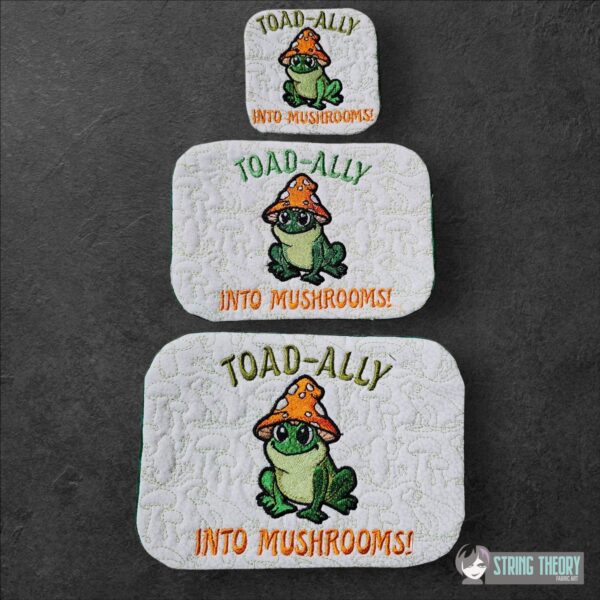 Chibi Mushtoad – TOAD-ALLY Into Mushrooms Mug Rug  ITH in the hoop Digital Download for Machine Embroidery Pattern, Design (4x4, 5×7, 6×10 Hoop)