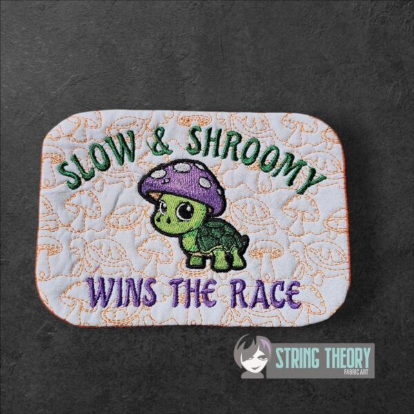 Chibi Mushturtle – Slow & Shroomy Wins the Race Mug Rug  ITH in the hoop Digital Download for Machine Embroidery Pattern, Design (4x4, 5×7, 6×10 Hoop) - Image 2
