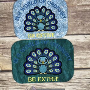 Chibi Peacock – Be Extra Mug Rug  ITH in the hoop Digital Download for Machine Embroidery Pattern, Design (5×7, 6×10 Hoop)