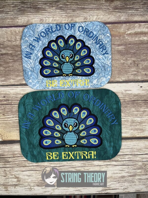 Chibi Peacock – Be Extra Mug Rug  ITH in the hoop Digital Download for Machine Embroidery Pattern, Design (5×7, 6×10 Hoop)