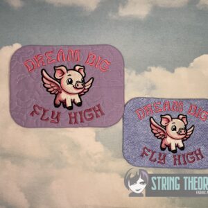Chibi Flying Pig – Dream Big, Fly High Mug Rug  ITH in the hoop Digital Download for Machine Embroidery Pattern, Design (5×7, 6×10 Hoop)