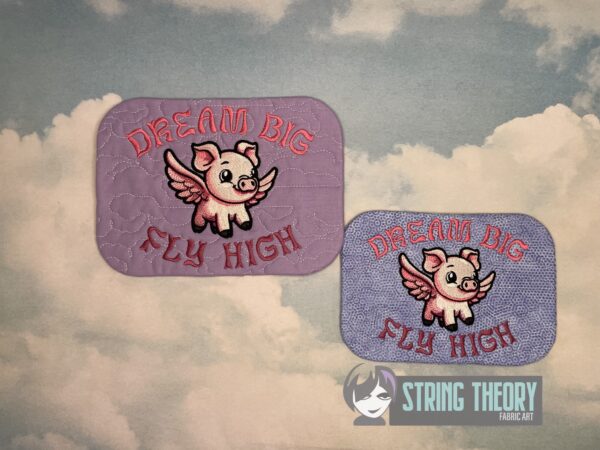 Chibi Flying Pig – Dream Big, Fly High Mug Rug  ITH in the hoop Digital Download for Machine Embroidery Pattern, Design (5×7, 6×10 Hoop)