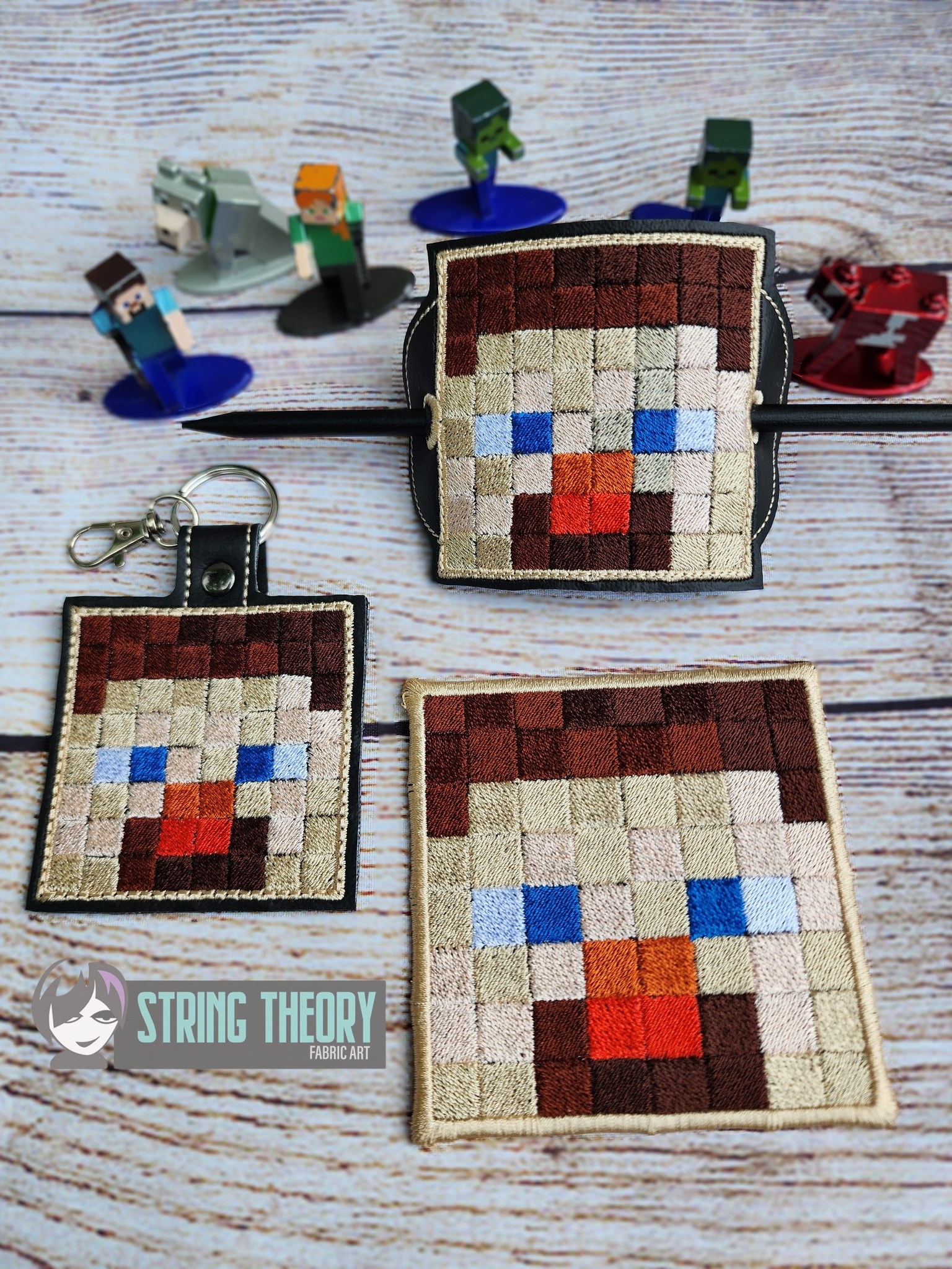 Minecraft Steve ITH fob bun cover patch machine embroidery design