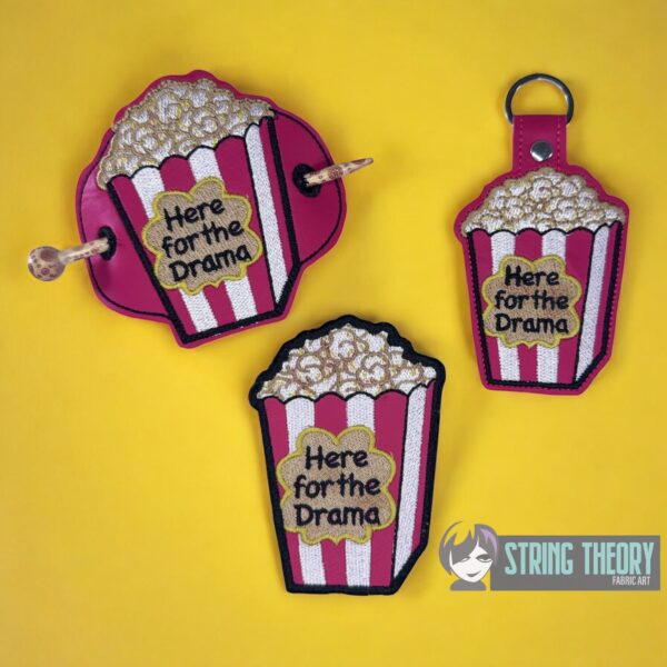 Here for the Drama Popcorn fob, patch, bun cover ITH in the hoop Digital Download for Machine Embroidery Pattern, Design (4×4 Hoop) - Image 2