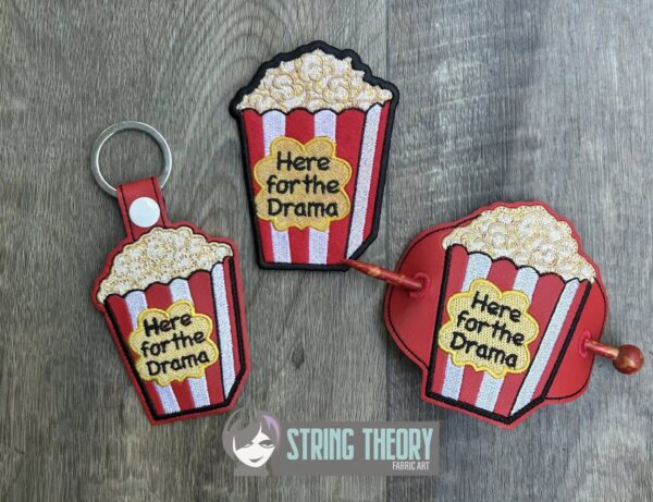 Here for the Drama Popcorn fob, patch, bun cover ITH in the hoop Digital Download for Machine Embroidery Pattern, Design (4×4 Hoop) - Image 3