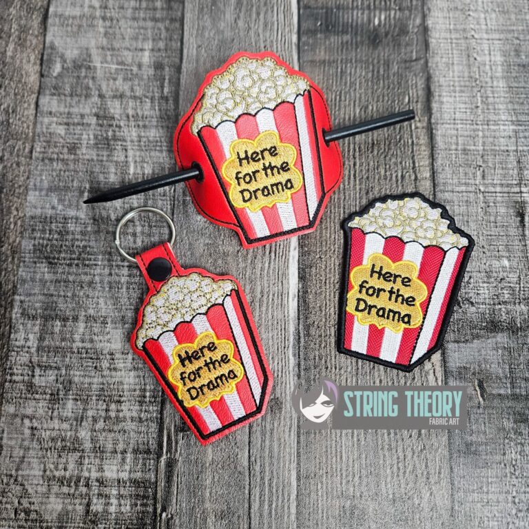 Here for drama popcorn ITH patch fob bun cover machine embroidery design