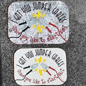 I Got You Jumper Cables Since You Like to Start Shit Mug Rug ITH in the hoop Digital Download for Machine Embroidery Pattern, Design (5×7, 6×10 Hoop)
