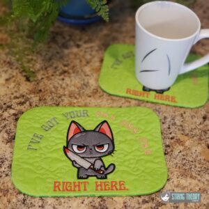 Stabby Cat – I Got Your pss pss pss Right Here Mug Rug ITH in the hoop Digital Download for Machine Embroidery Pattern, Design (5×7, 6×10 Hoop)