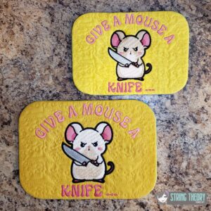 Stabby Mouse – Give a Mouse a Knife ... Mug Rug ITH in the hoop Digital Download for Machine Embroidery Pattern, Design (5×7, 6×10 Hoop)