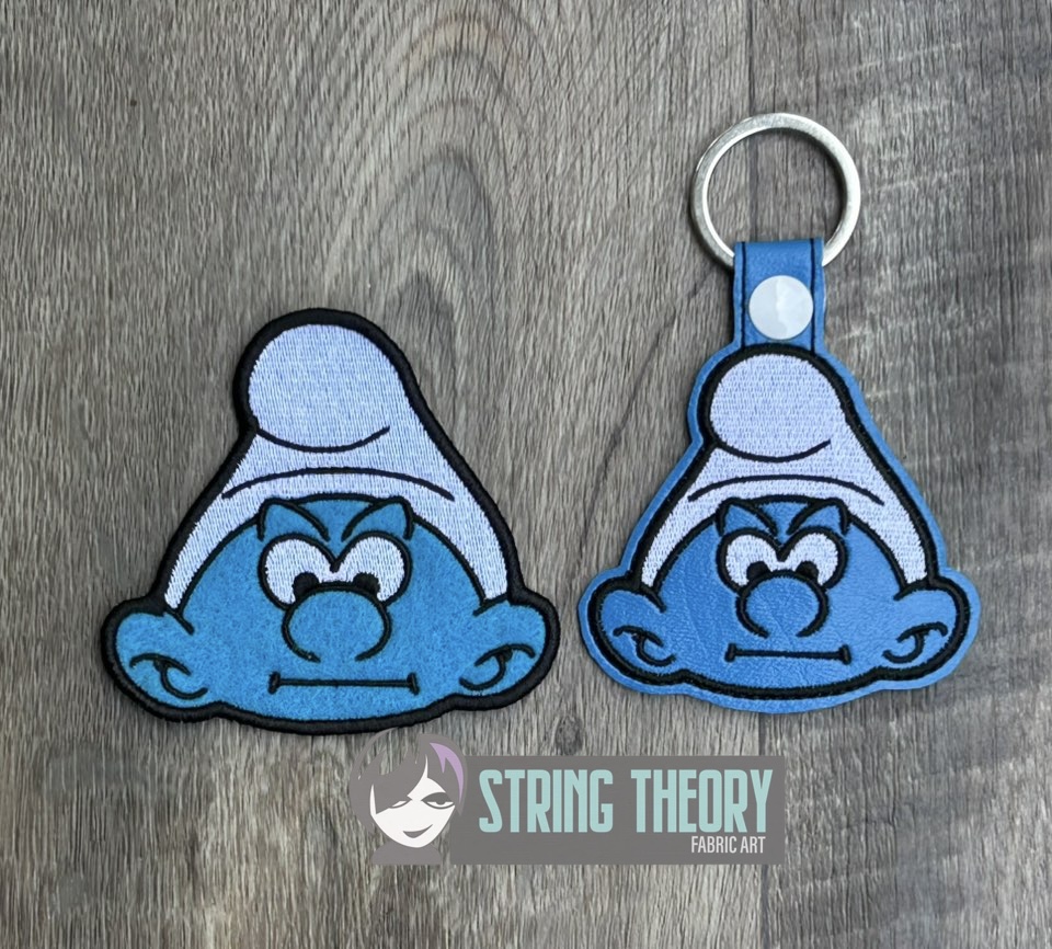 Grumpy Smurf Face fob and patch ITH machine embroidery design