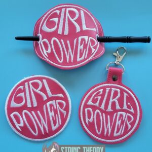 Girl Power Bun cover fob patch ITH machine embroidery design