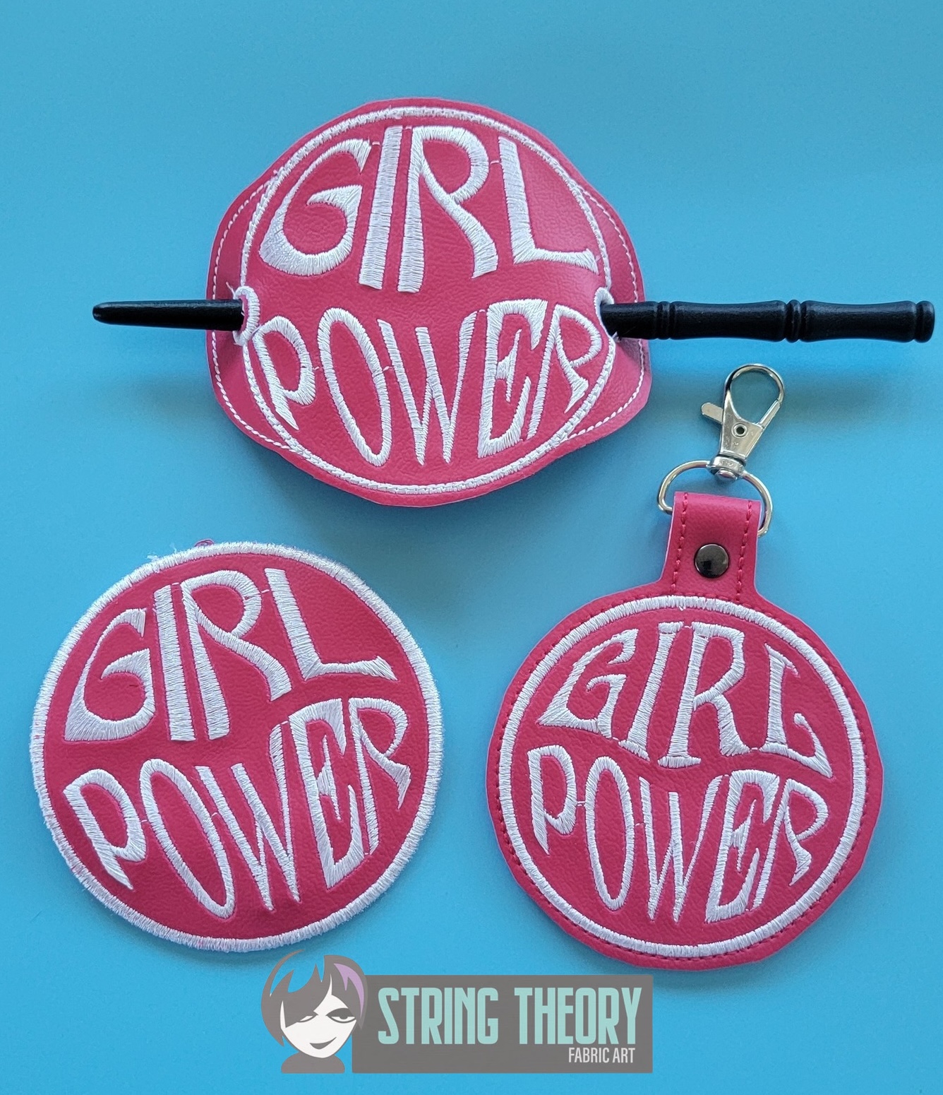 Girl Power Bun cover fob patch ITH machine embroidery design