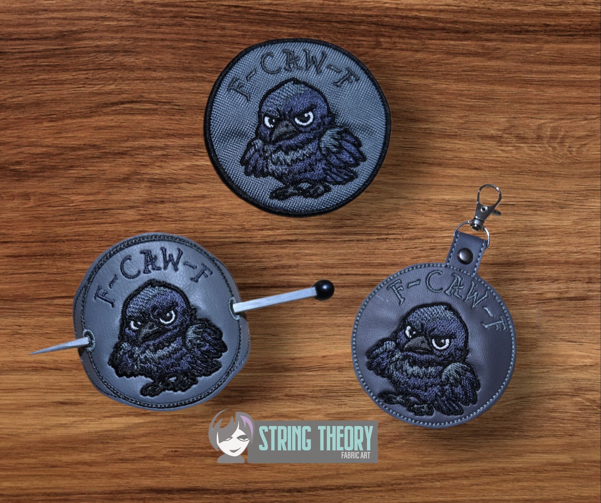 Chibi Crow F Caw F Bun cover fob patch ITH machine embroidery design