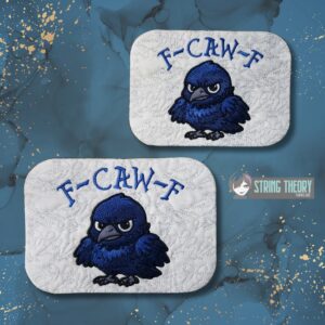 Chibi Crow F Caw F mug rug ITH machine embroidery design