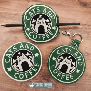 Cats and Coffee fob patch bun cover ITH machine embroidery design