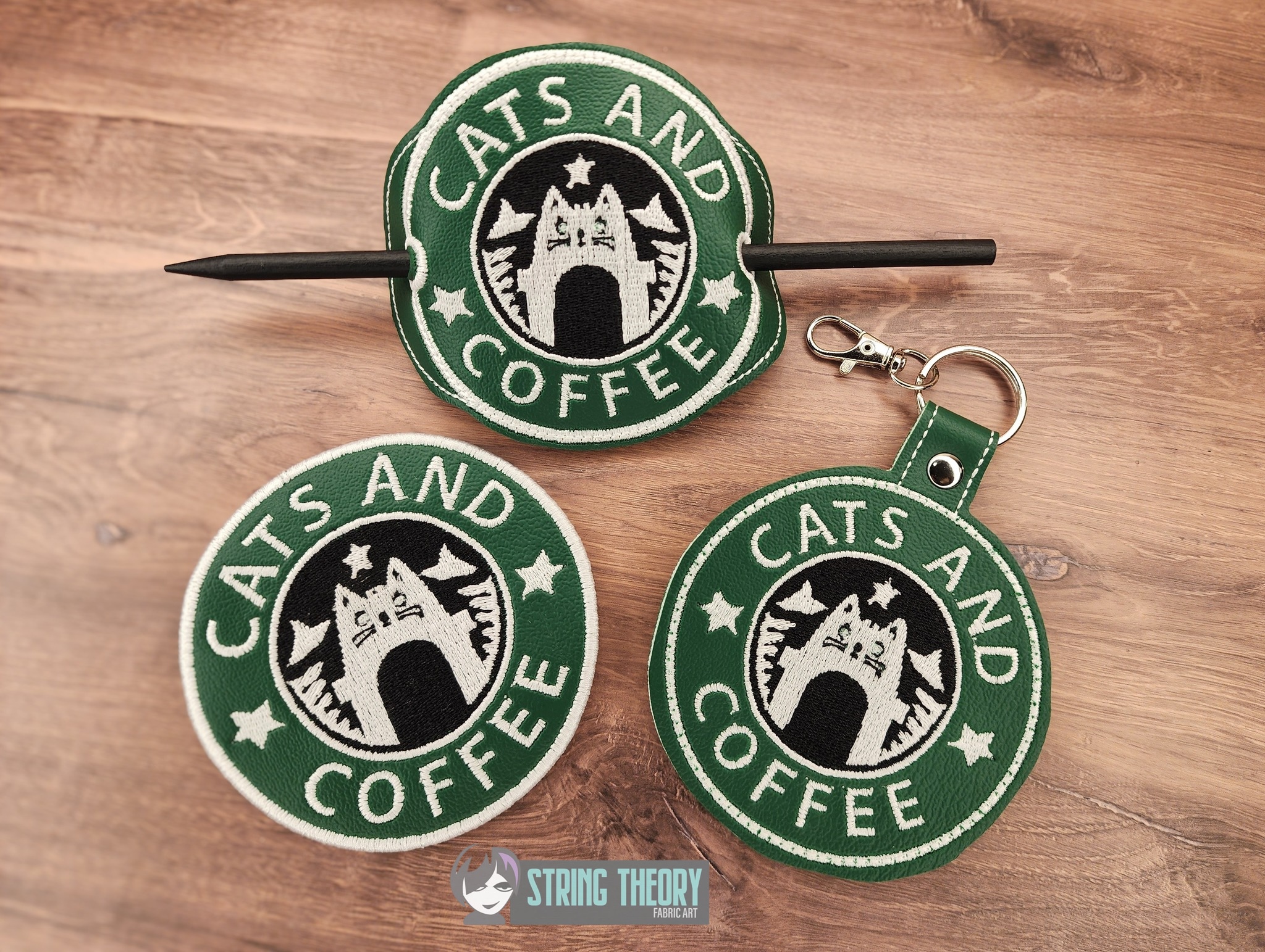 Cats and Coffee fob patch bun cover ITH machine embroidery design